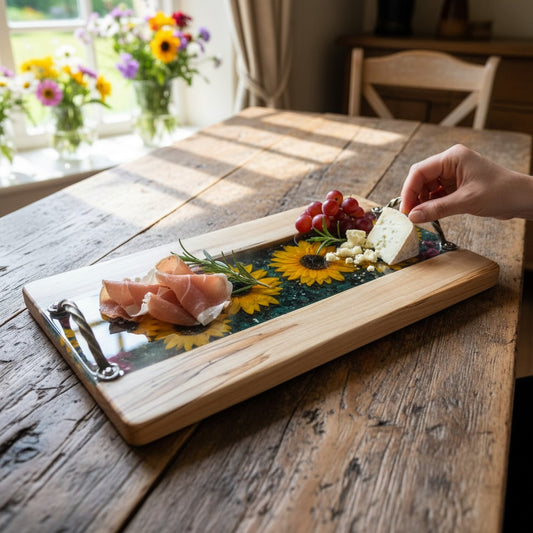 Sunflower Strawflower Resin and Wood Charcuterie Serving Tray - 18-in - Mellow Monkey