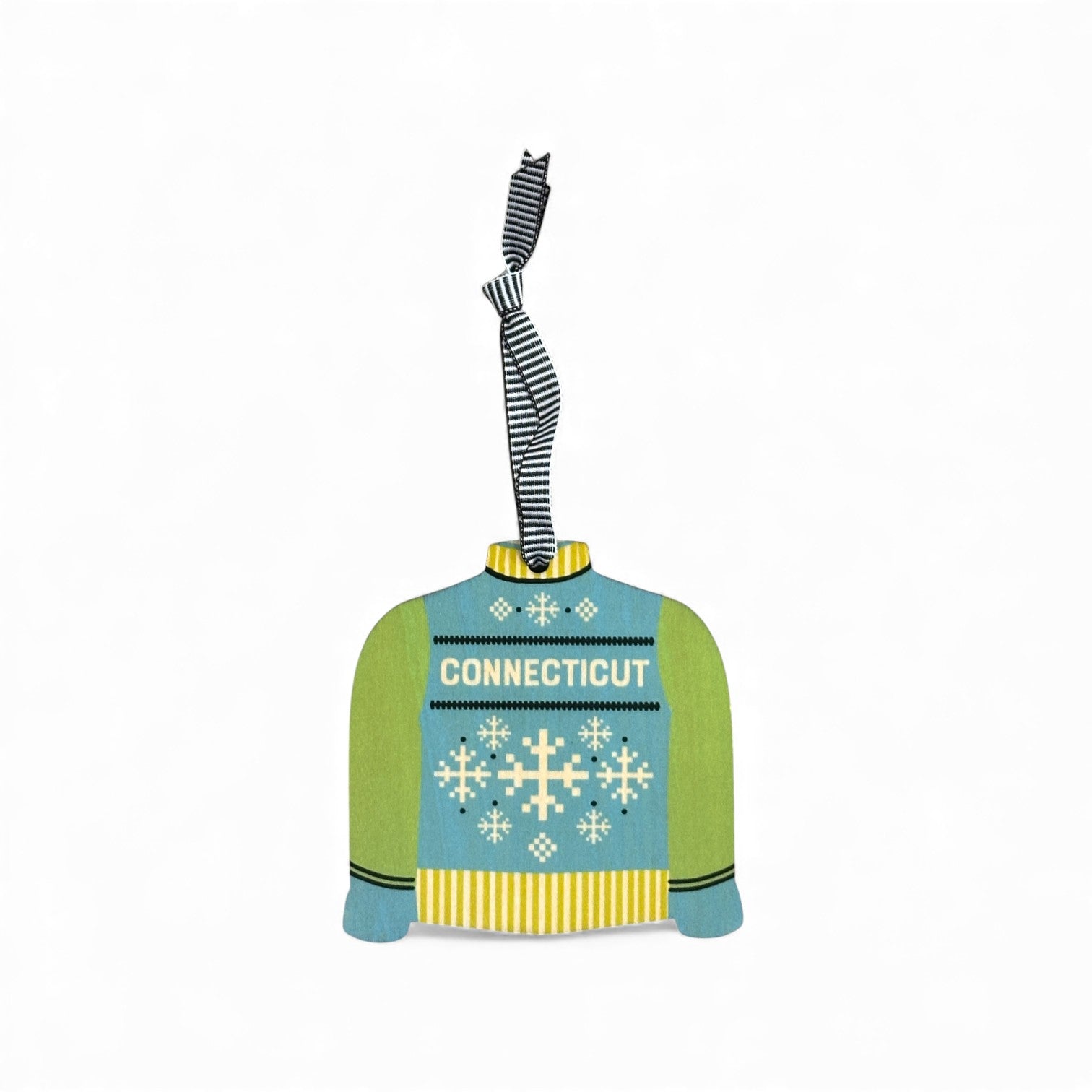 CONNECTICUT / Lime & Blue Pattern - Colorful Sweater Wood Ornament - Mellow Monkey