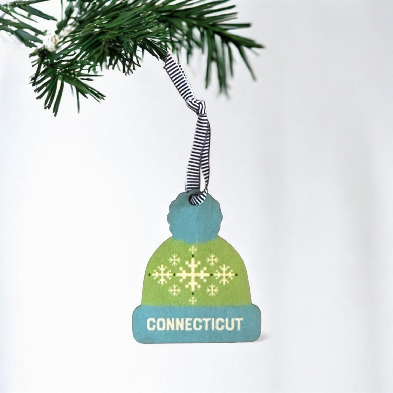 CONNECTICUT / Lime & Blue Pattern - Colorful Ski Hat Personalized Wood Ornament - Mellow Monkey