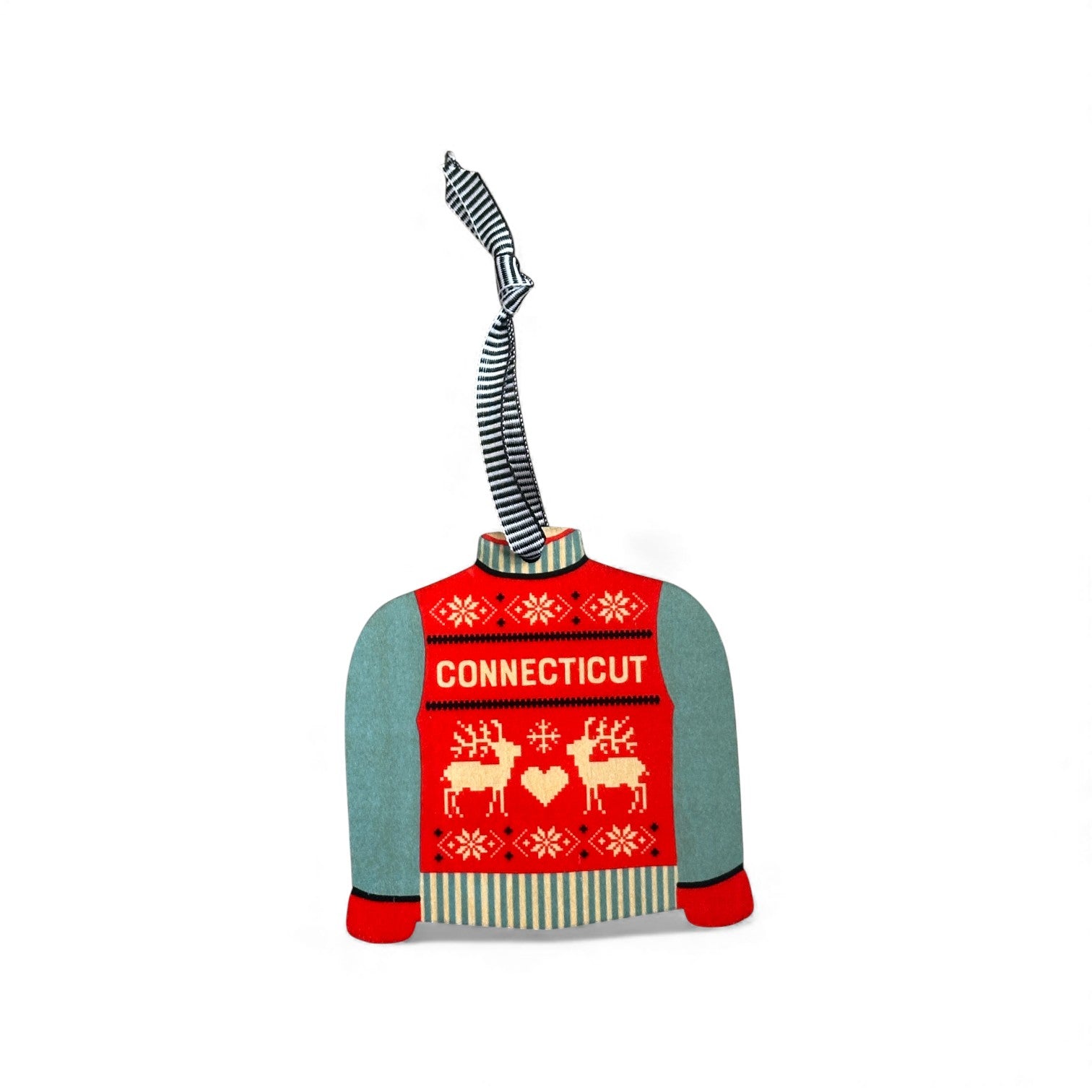 CONNECTICUT / Red & Black Pattern - Colorful Sweater Wood Ornament - Mellow Monkey