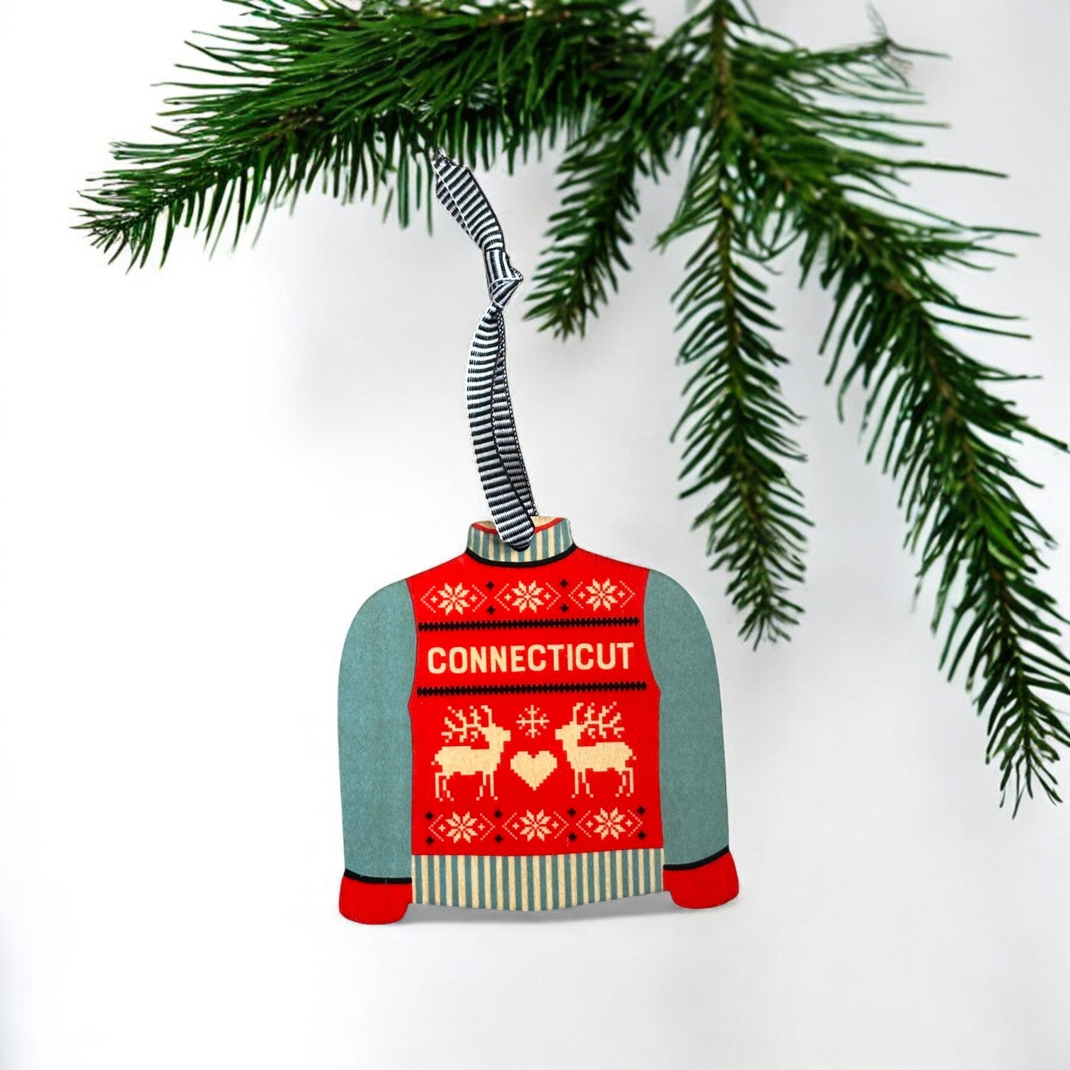CONNECTICUT / Red & Black Pattern - Colorful Sweater Wood Ornament - Mellow Monkey