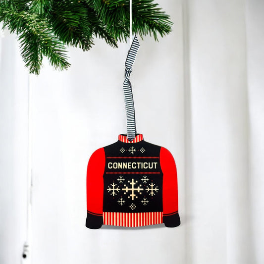 CONNECTICUT / Lime & Blue Pattern - Colorful Sweater Wood Ornament - Mellow Monkey