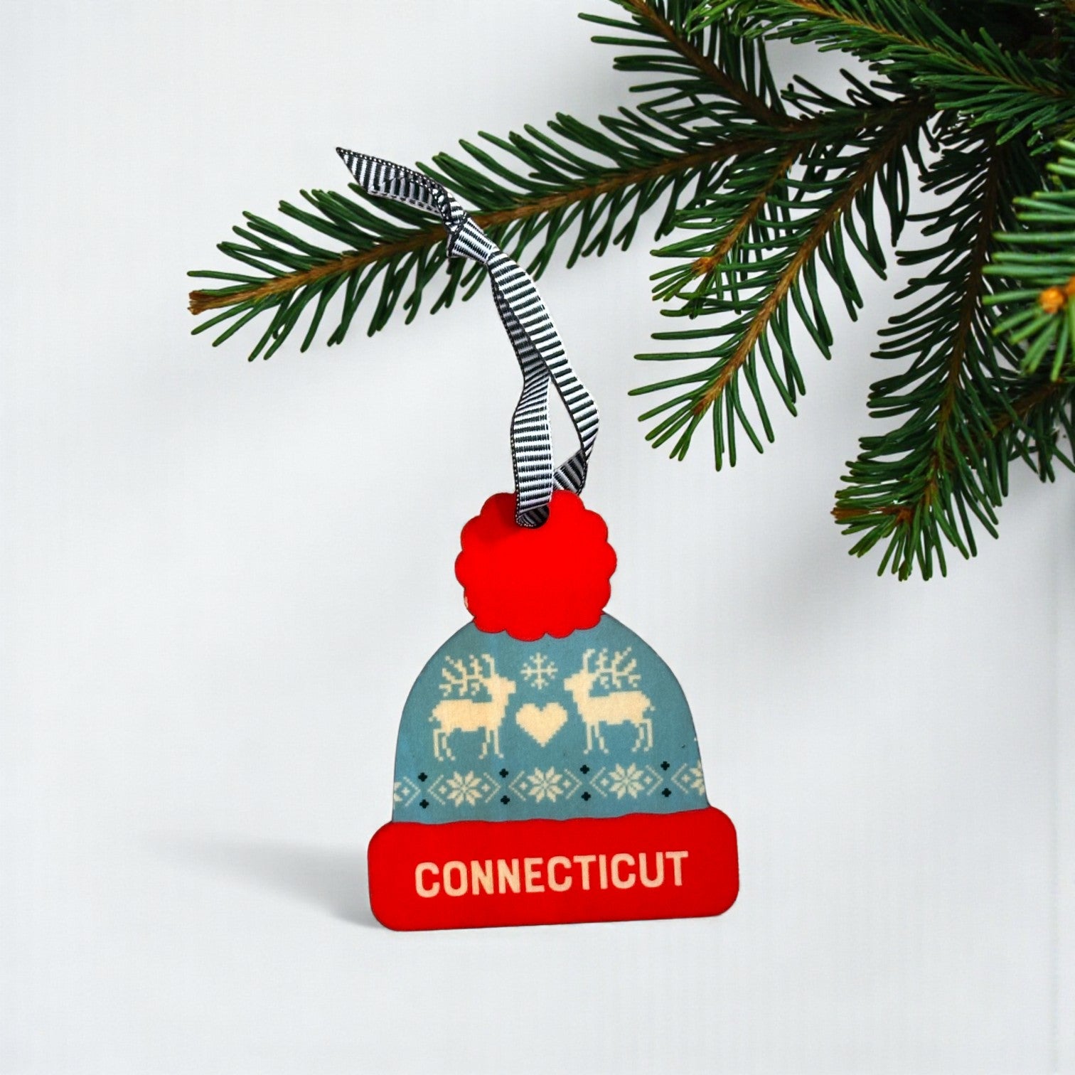 CONNECTICUT / Lime & Blue Pattern - Colorful Ski Hat Personalized Wood Ornament - Mellow Monkey
