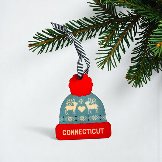 CONNECTICUT / Lime & Blue Pattern - Colorful Ski Hat Personalized Wood Ornament - Mellow Monkey