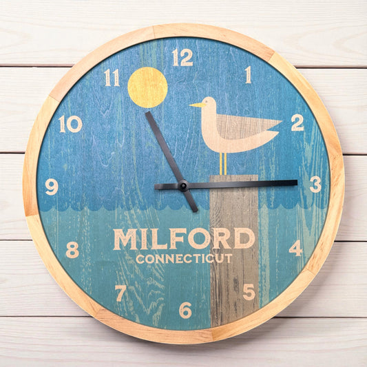Milford Connecticut Seagull Wall Clock - 12-in - Mellow Monkey