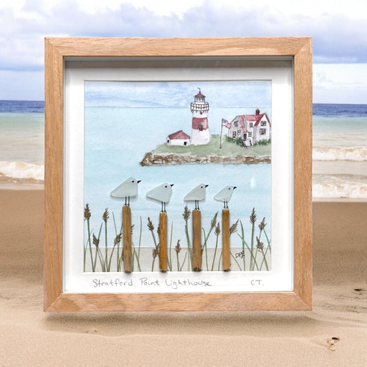 Stratford Point Lighthouse Connecticut Four Sea Glass Birds on Watercolor Print - Deluxe Framed Shadowbox - 8-7/8-in