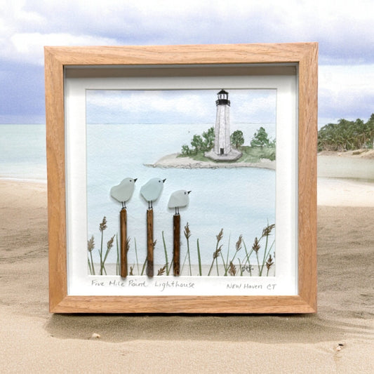 Five Mile Point Lighthouse New Haven Connecticut Sea Glass Birds on Watercolor Print - Deluxe Framed Shadowbox - 8-7/8-in