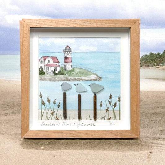 Stratford Point Lighthouse Connecticut Three Sea Glass Birds on Watercolor Print - Deluxe Framed Shadowbox - 8-7/8-in
