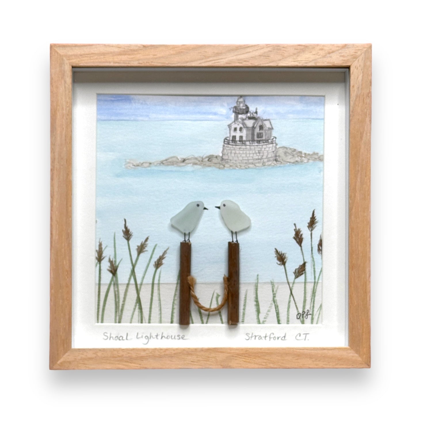 Stratford Shoal (Middle Ground) Connecticut Lighthouse Sea Glass Birds on Watercolor Print - Deluxe Framed Shadowbox - 8-7/8-in - Mellow Monkey