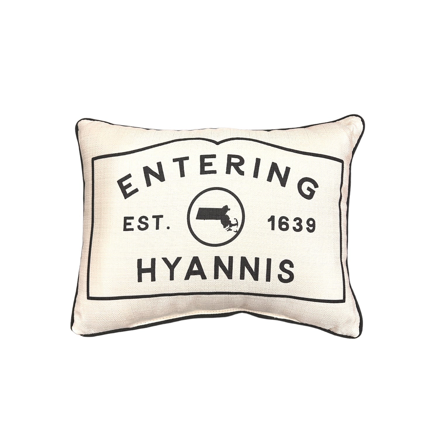 Hyannis Massachusetts Town Sign Throw Pillow with Black Piping - 19-inch - Mellow Monkey