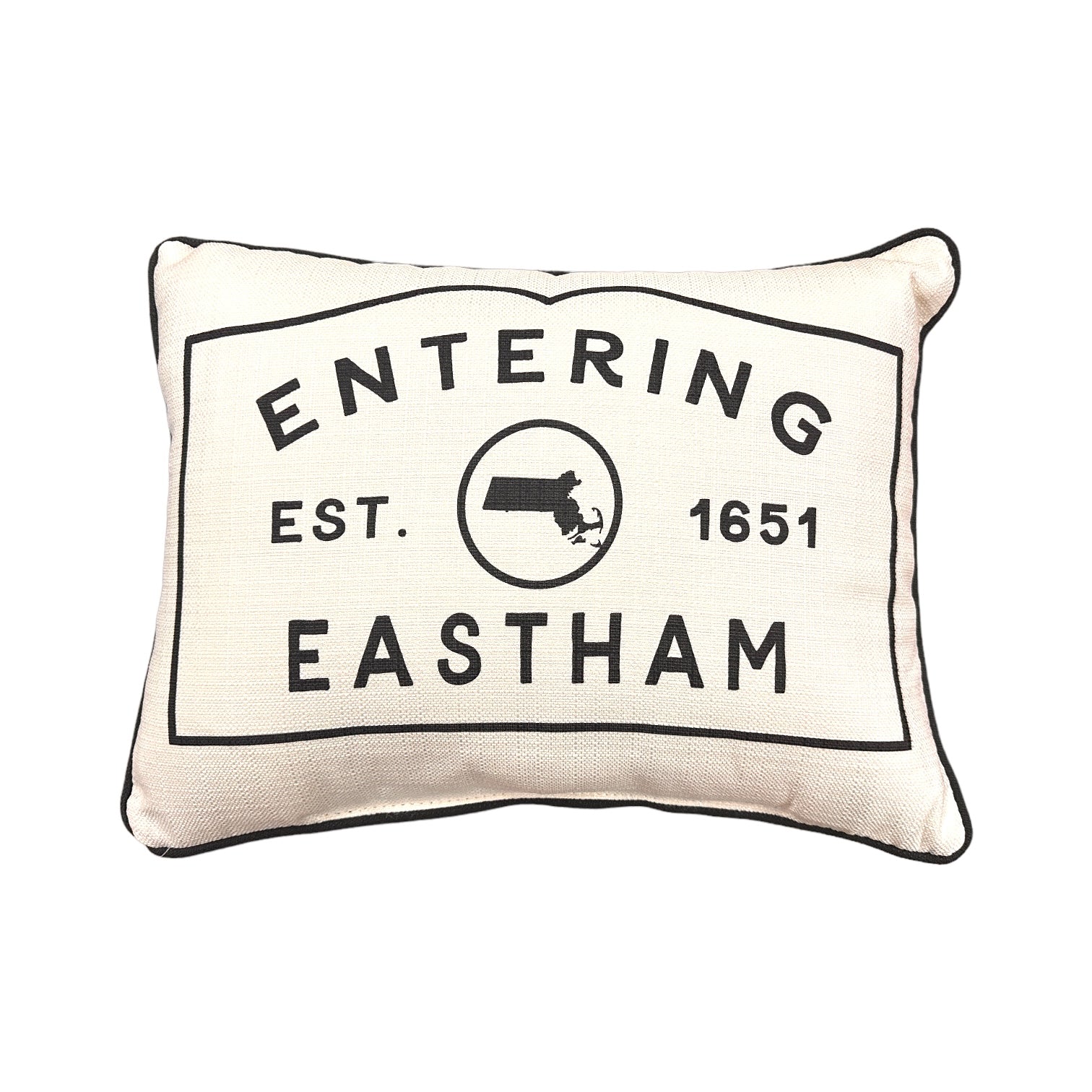 Eastham Massachusetts Town Sign Throw Pillow with Black Piping - 19-inch - Mellow Monkey