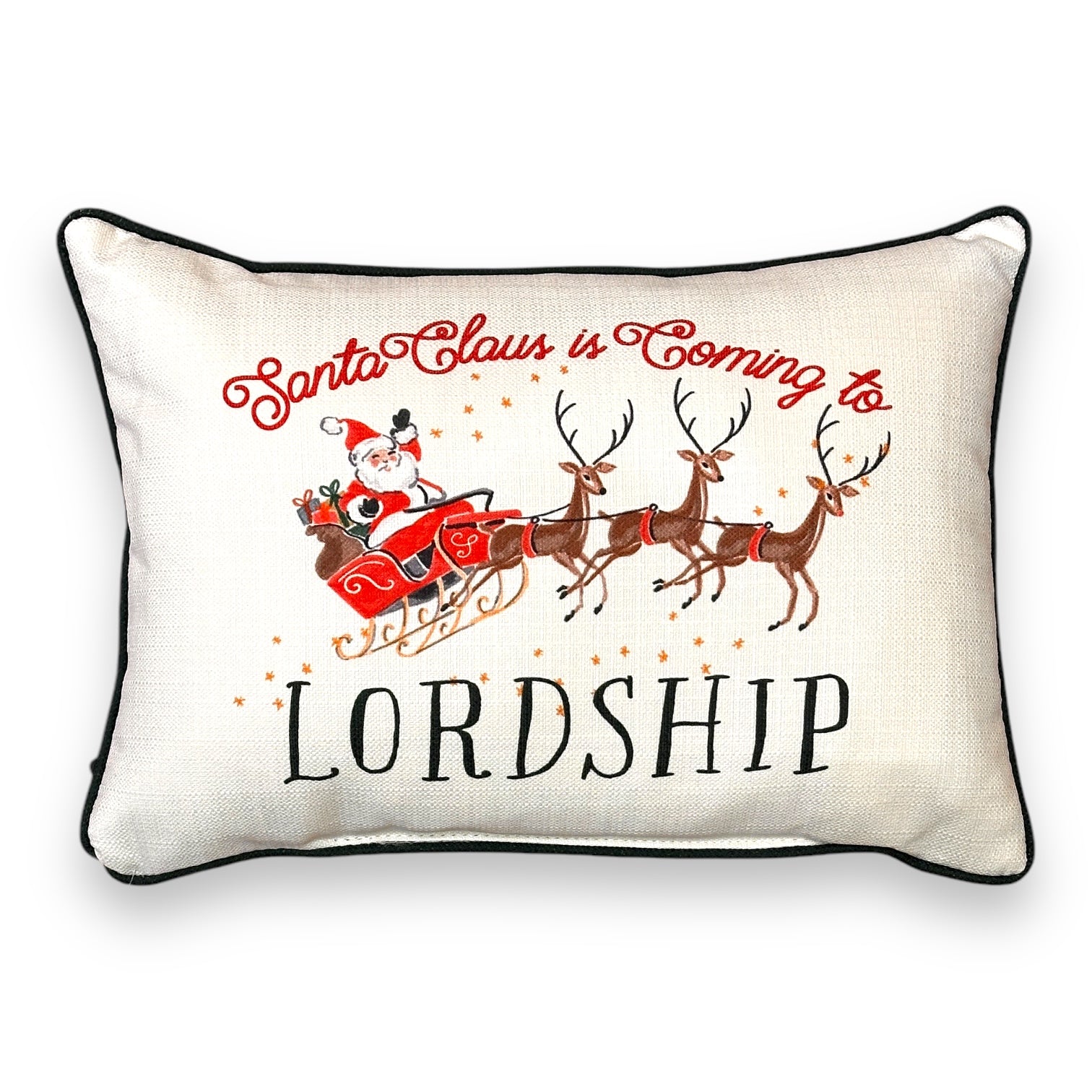 Santa Claus Is Coming To Lordship - Throw Pillow with Evergreen Piping - 19-inch - Mellow Monkey