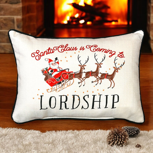 Santa Claus Is Coming To Lordship - Throw Pillow with Evergreen Piping - 19-inch - Mellow Monkey