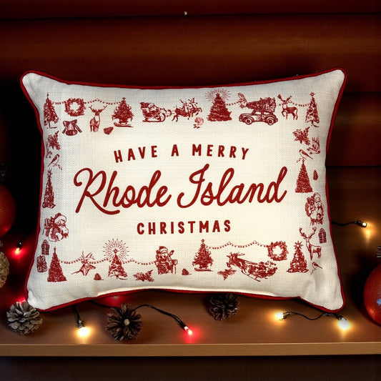 Have a Merry Christmas - Rhode Island - Hometown Pillow - Scarlet Piping - 19-in