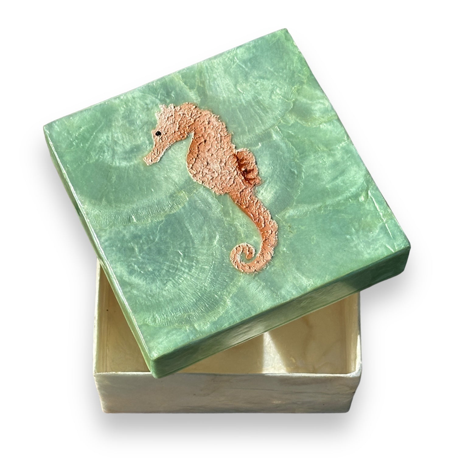 Seahorse Capiz Trinket Box - Green and Peach - 4-in - Mellow Monkey