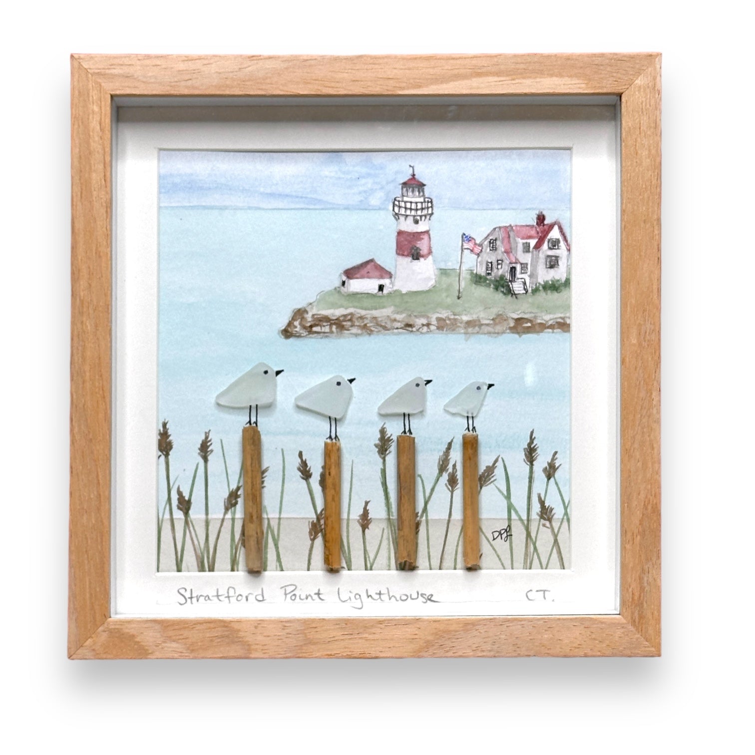 Stratford Point Lighthouse Connecticut Four Sea Glass Birds on Watercolor Print - Deluxe Framed Shadowbox - 8-7/8-in - Mellow Monkey