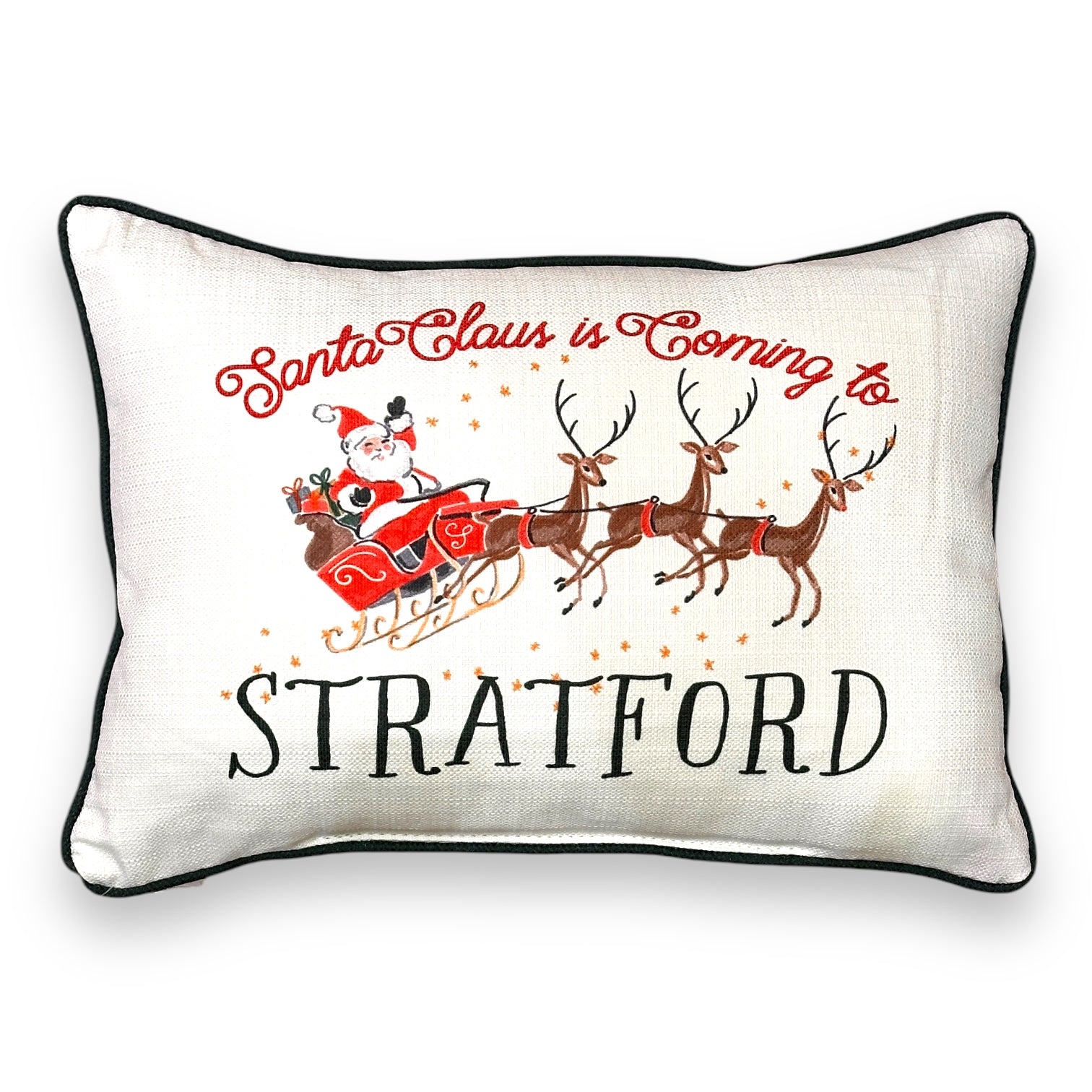 Santa Claus Is Coming To Stratford - Throw Pillow with Evergreen Piping - 19-inch - Mellow Monkey