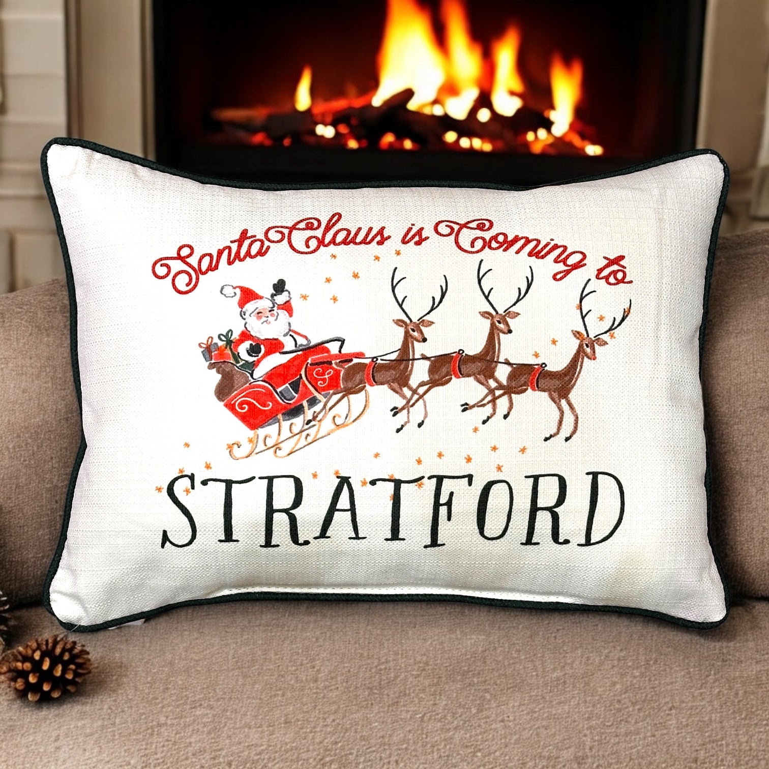 Santa Claus Is Coming To Stratford - Throw Pillow with Evergreen Piping - 19-inch - Mellow Monkey