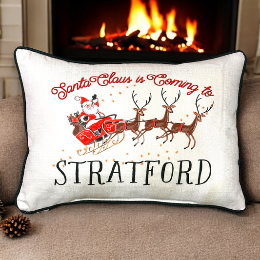 Santa Claus Is Coming To Stratford - Throw Pillow with Evergreen Piping - 19-inch - Mellow Monkey