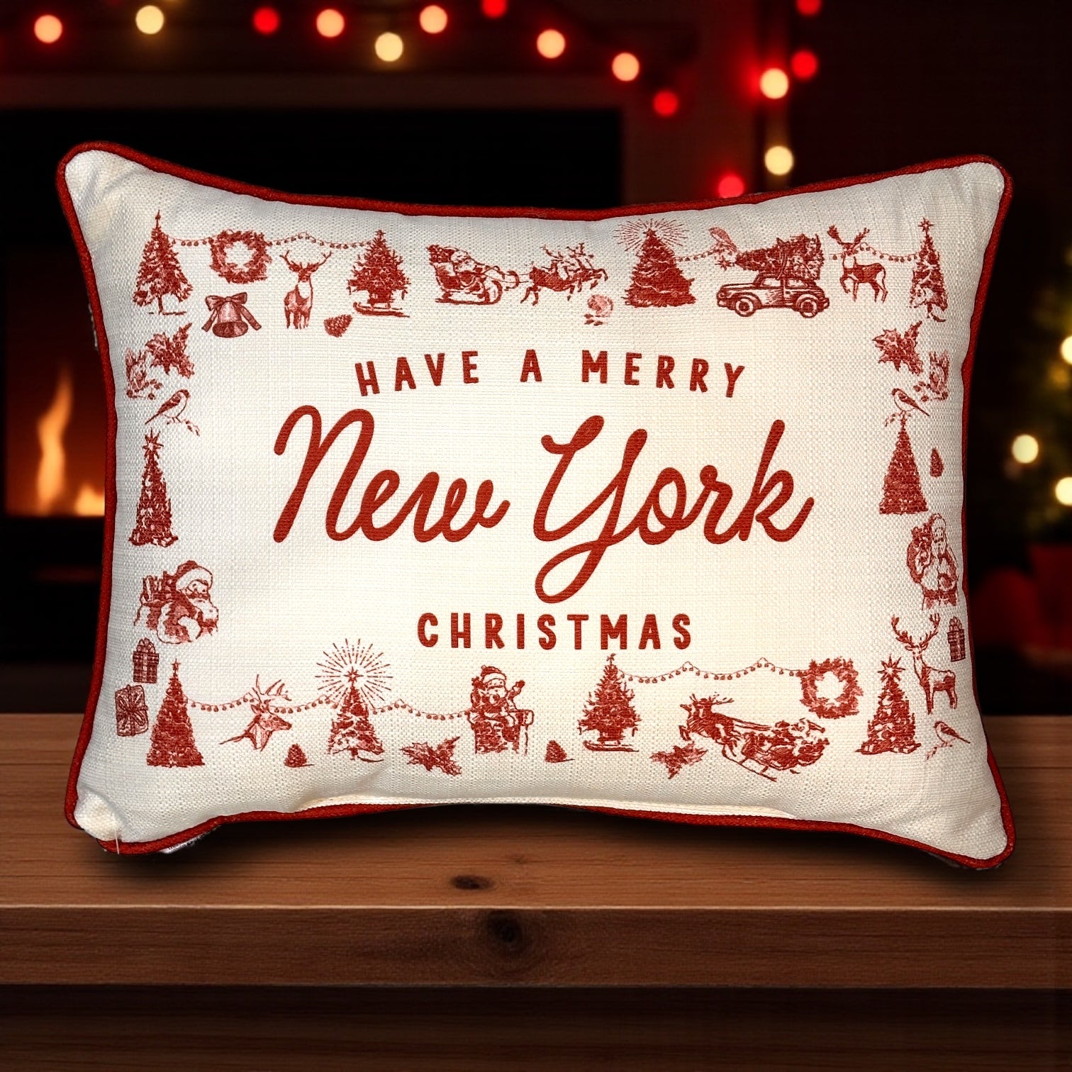 Have a Merry Christmas - New York - Hometown Pillow - Scarlet Piping - 19-in - Mellow Monkey