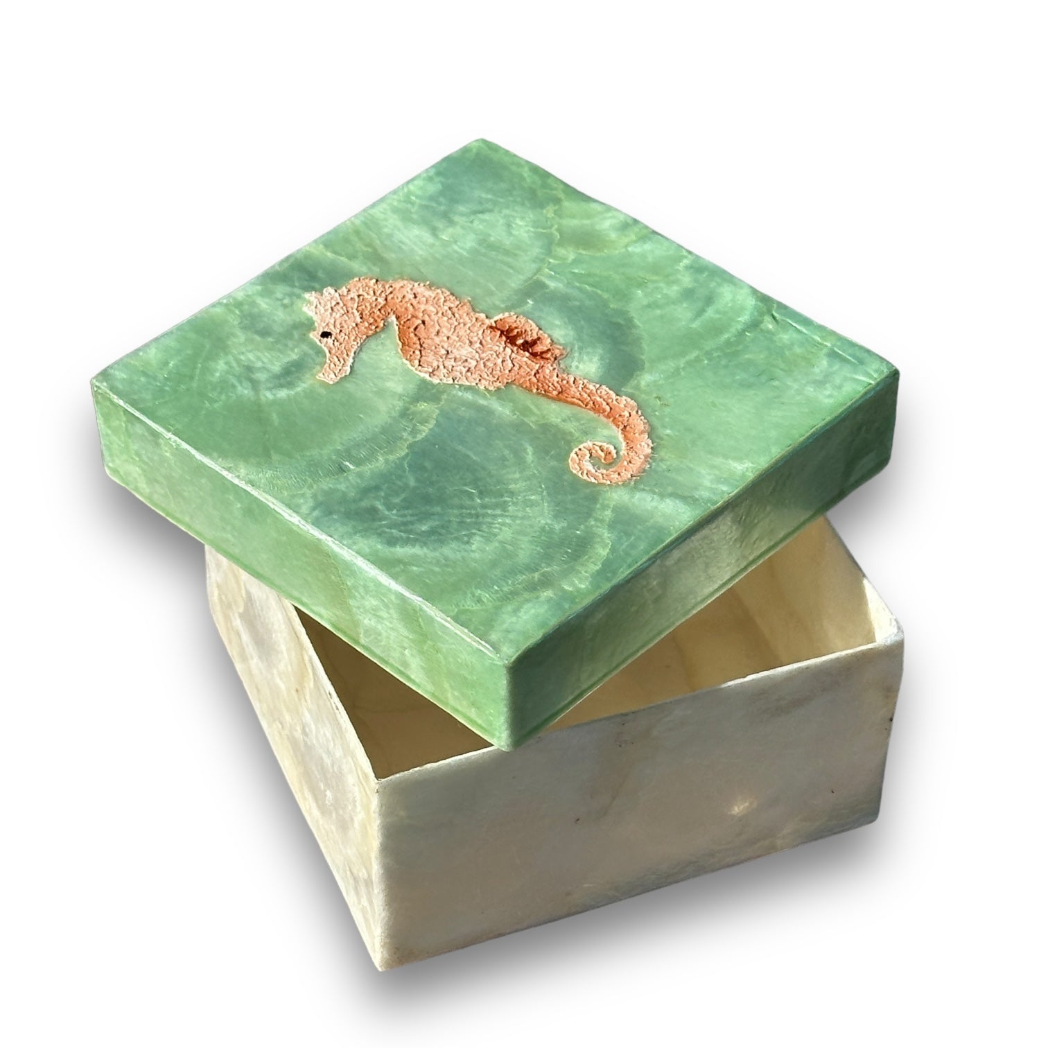 Seahorse Capiz Trinket Box - Green and Peach - 4-in - Mellow Monkey