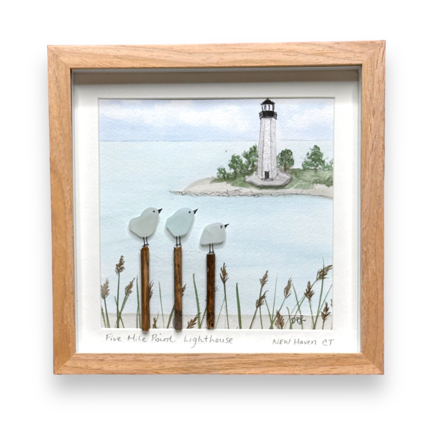 Five Mile Point Lighthouse New Haven Connecticut Sea Glass Birds on Watercolor Print - Deluxe Framed Shadowbox - 8-7/8-in - Mellow Monkey