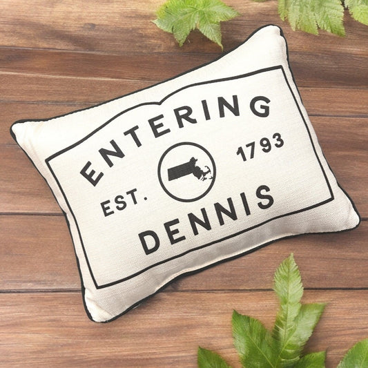 Dennis Massachusetts Town Sign Throw Pillow with Black Piping - 19-inch - Mellow Monkey