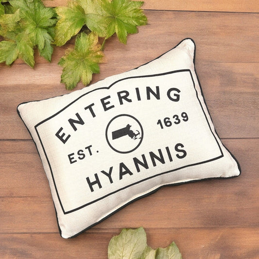 Hyannis Massachusetts Town Sign Throw Pillow with Black Piping - 19-inch - Mellow Monkey