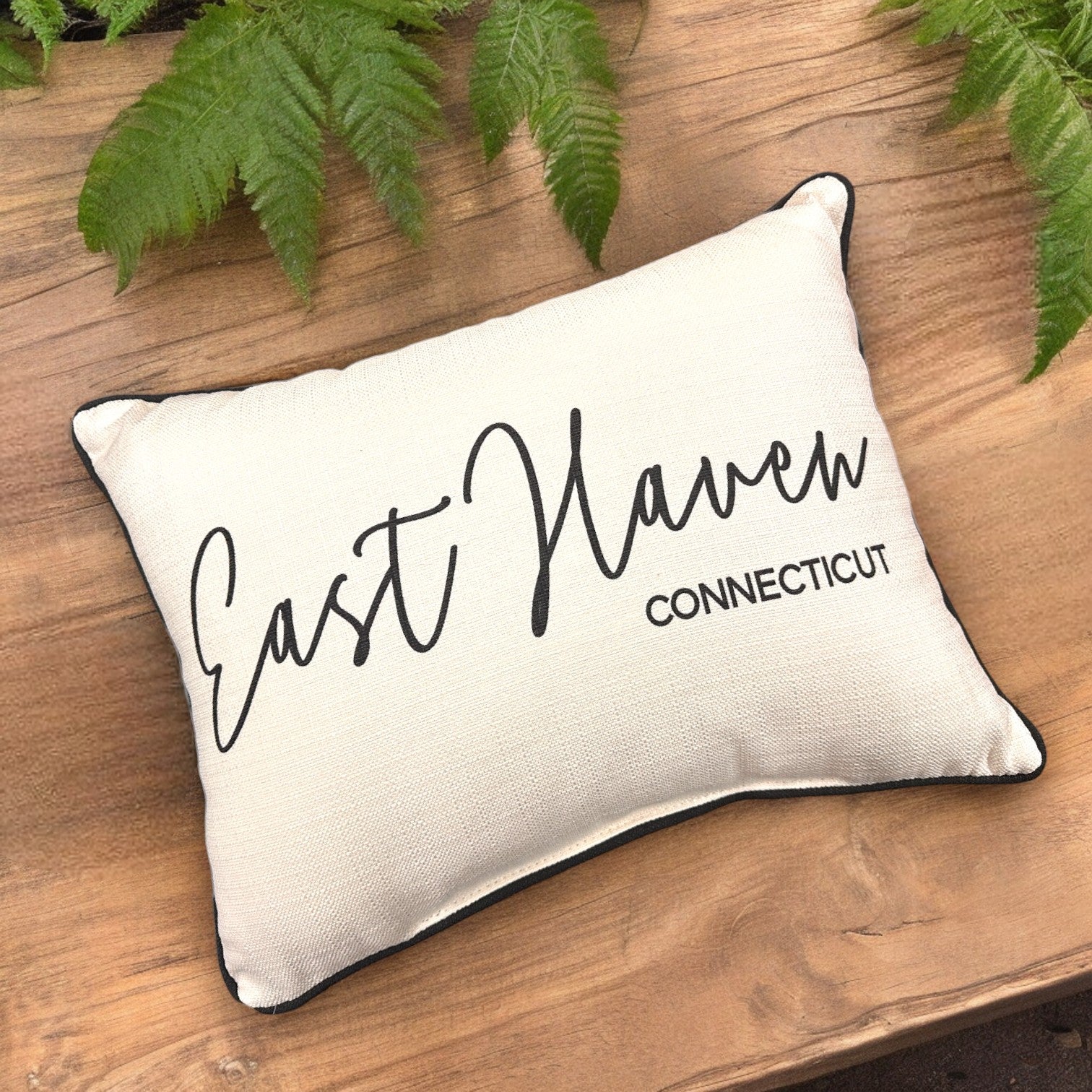 East Haven Connecticut Throw Pillow with Pinot Script and Black Piping - 19-in - Mellow Monkey