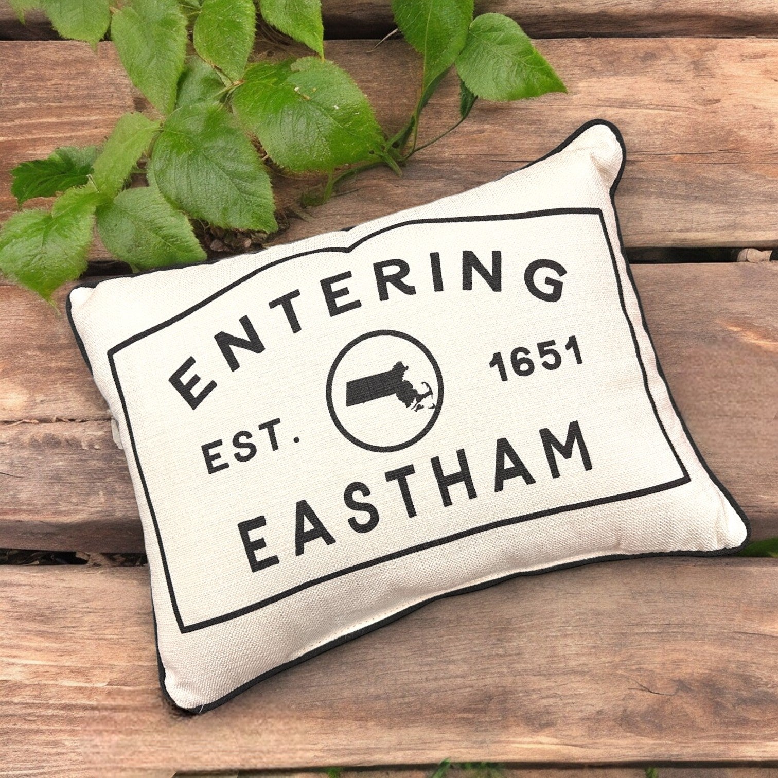 Eastham Massachusetts Town Sign Throw Pillow with Black Piping - 19-inch - Mellow Monkey