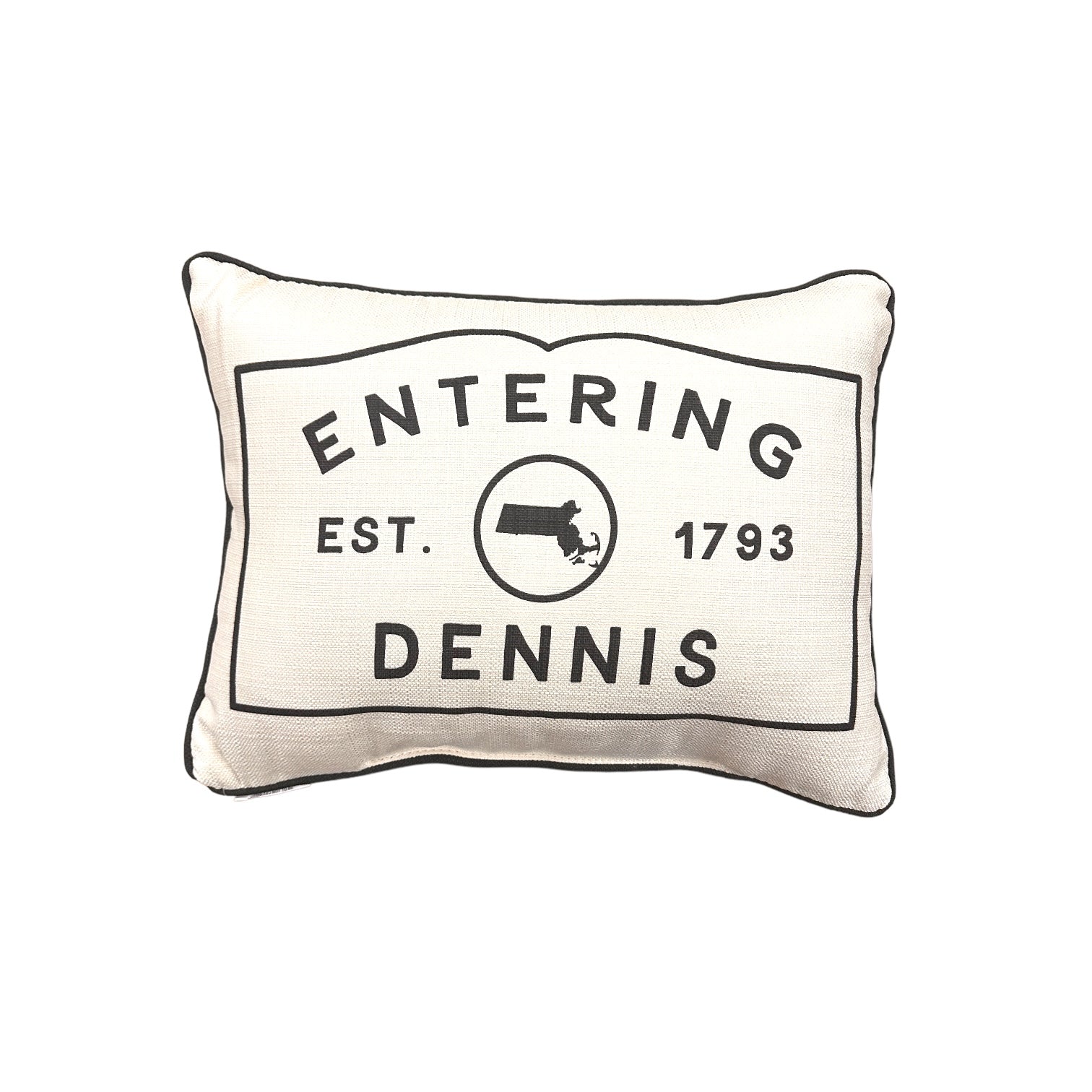 Dennis Massachusetts Town Sign Throw Pillow with Black Piping - 19-inch - Mellow Monkey