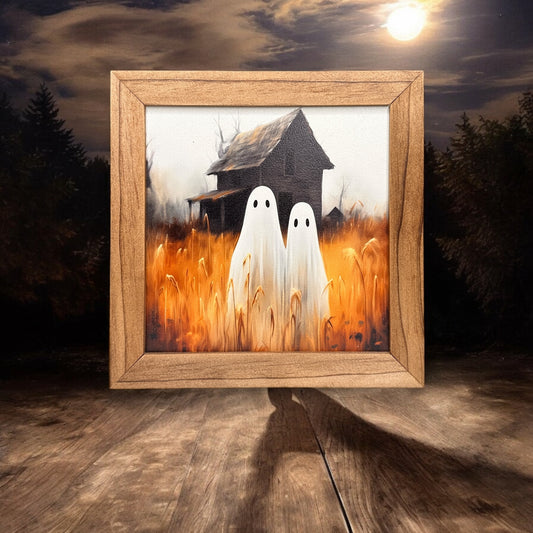 Ghost Pair In A Field With Haunted Barn - Framed Print - 7-in - Mellow Monkey