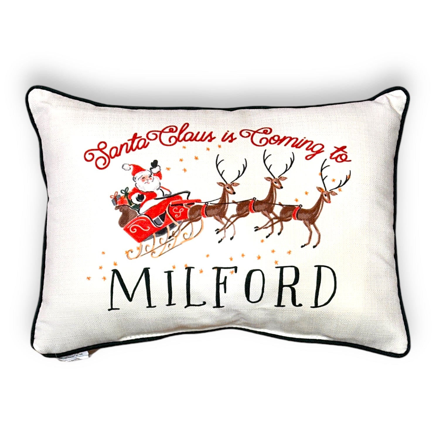 Santa Claus Is Coming To Milford - Throw Pillow with Evergreen Piping - 19-inch - Mellow Monkey