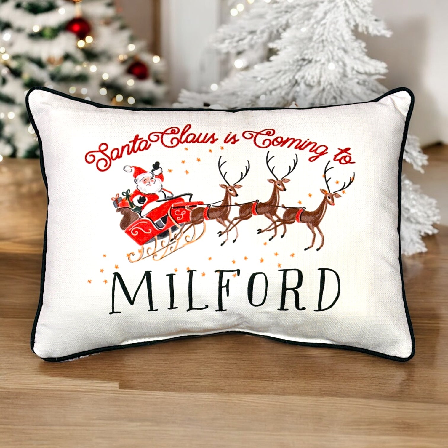 Santa Claus Is Coming To Milford - Throw Pillow with Evergreen Piping - 19-inch - Mellow Monkey