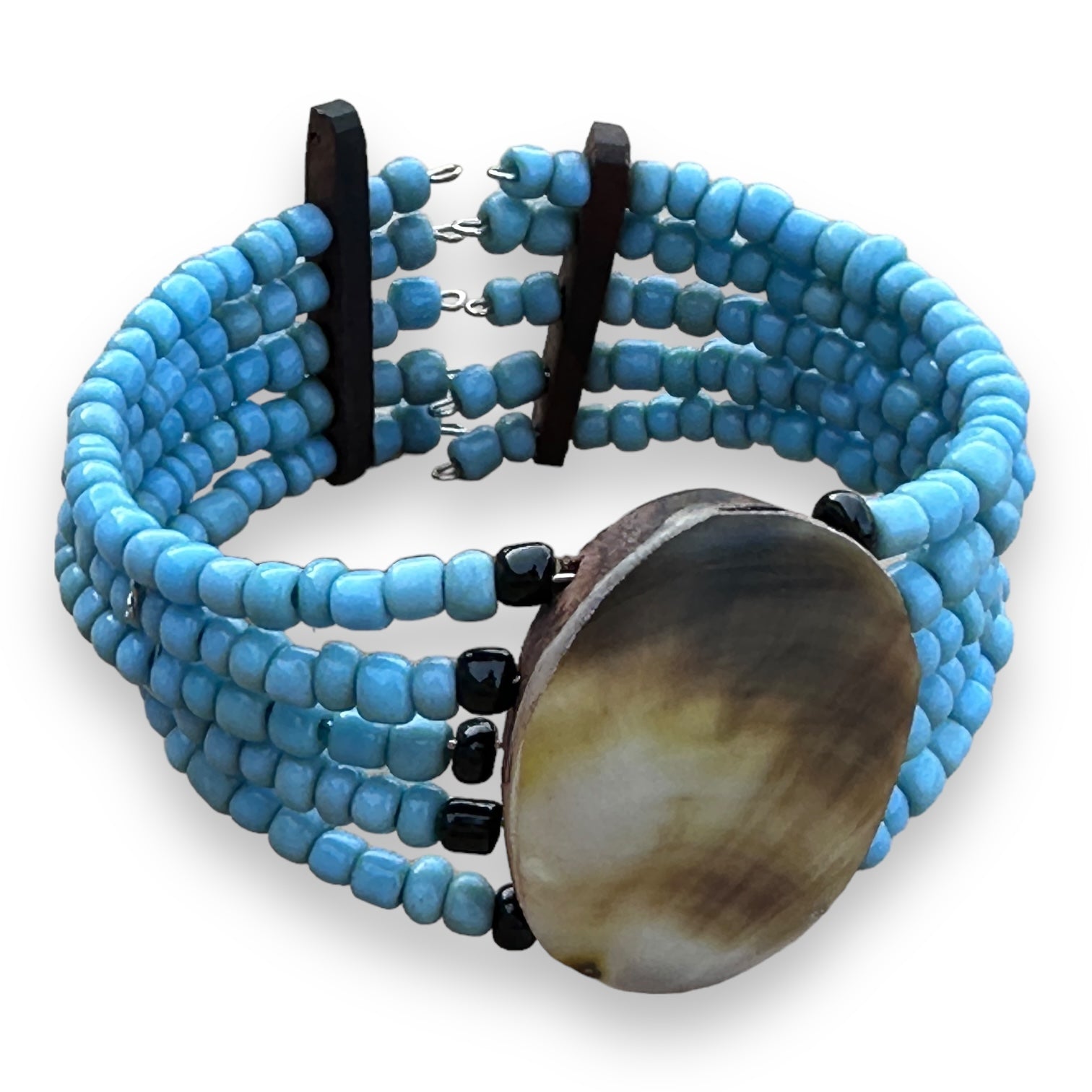 Bead and Wire Cuff Bracelet with Oval River Clam - Turquoise - Mellow Monkey