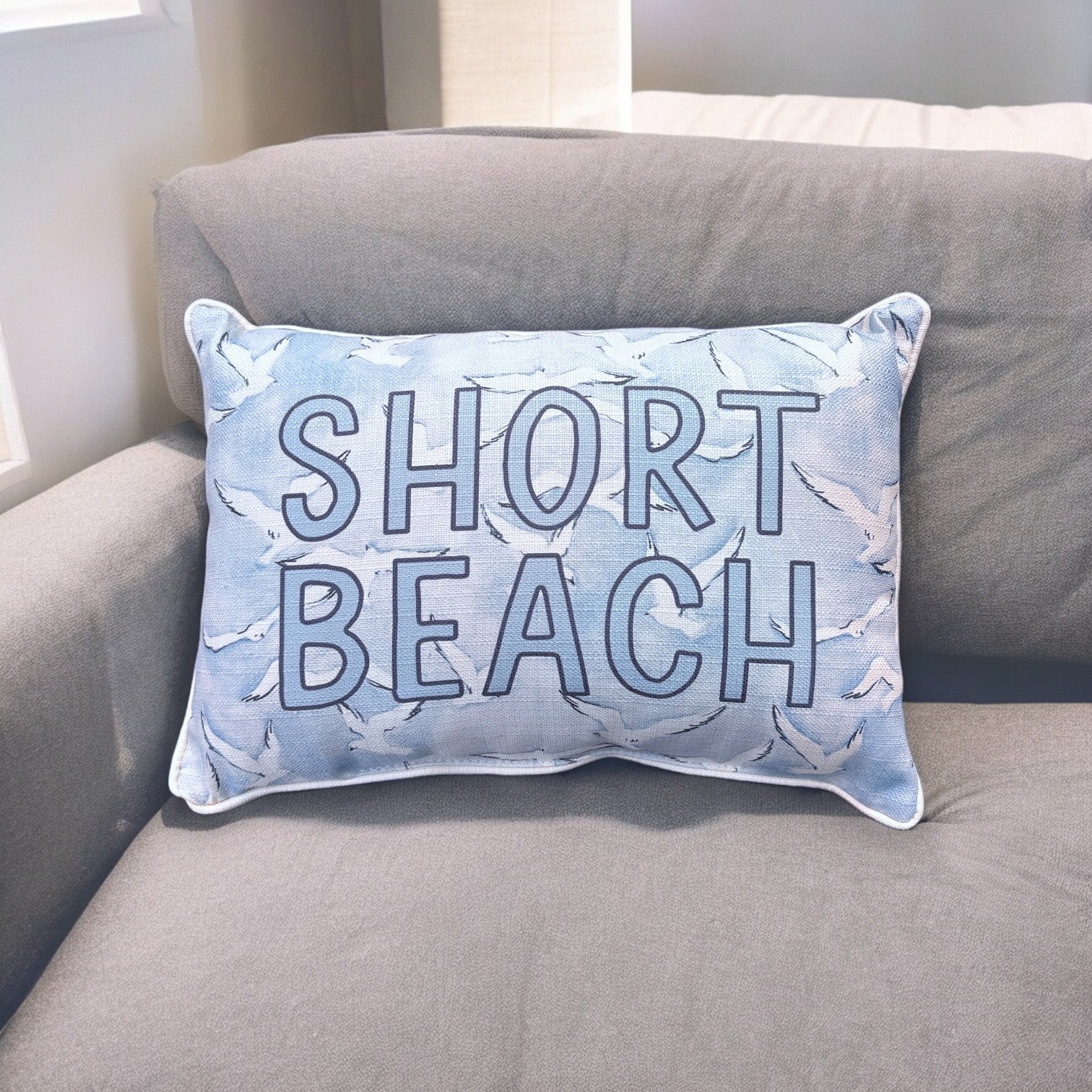 Short Beach - Seagulls Print Pillow with Natural Piping - 19-inch - Mellow Monkey