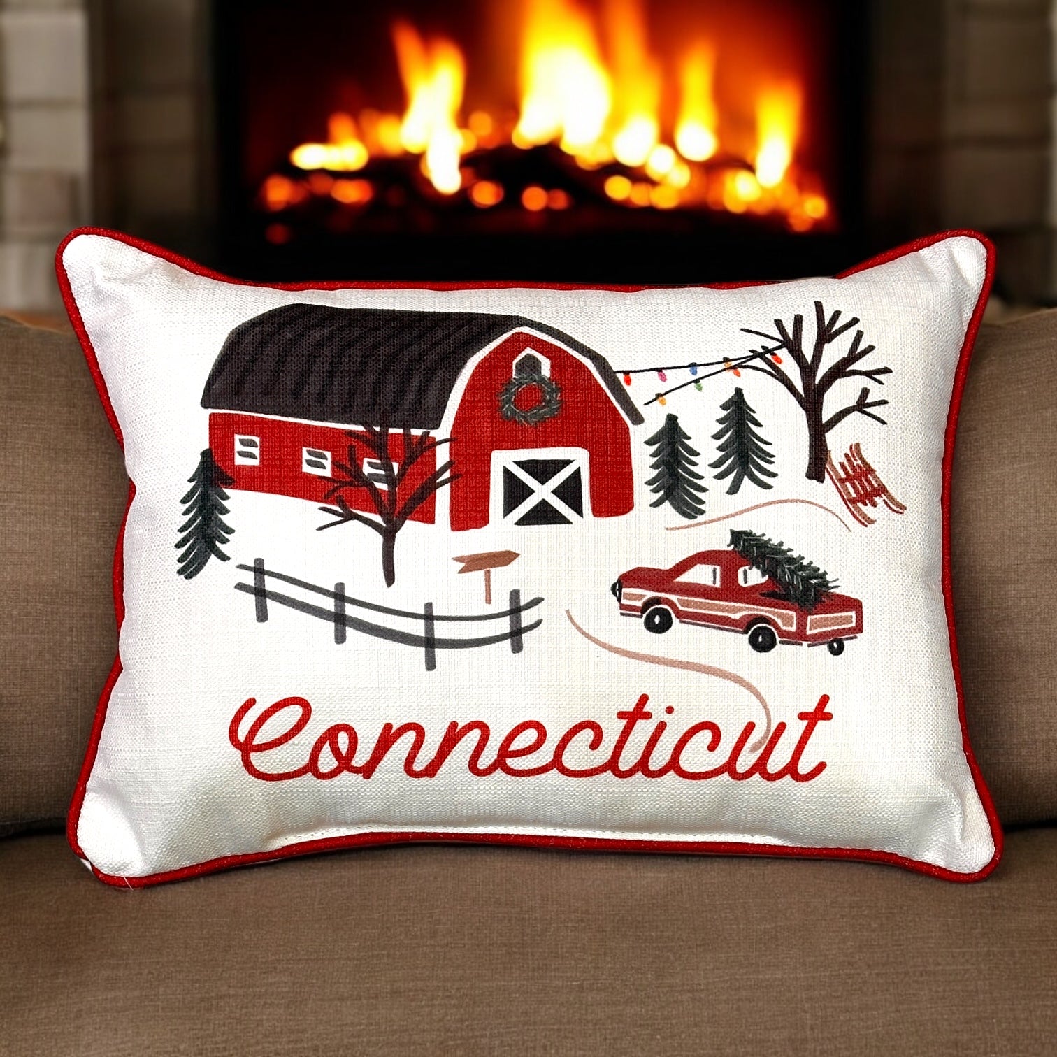 Connecticut Winter Red Barn Throw Pillow with Ski Red Piping - 19-inch - Mellow Monkey