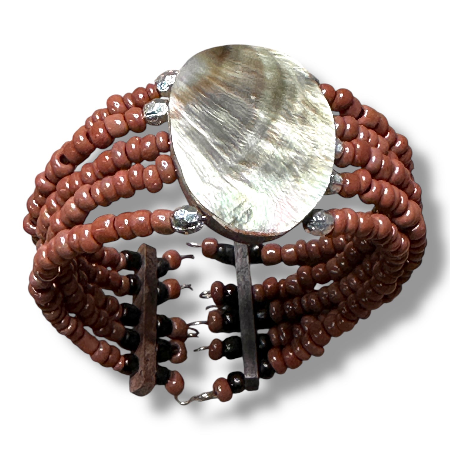 Bead and Wire Cuff Bracelet with Oval River Clam - Brown - Mellow Monkey