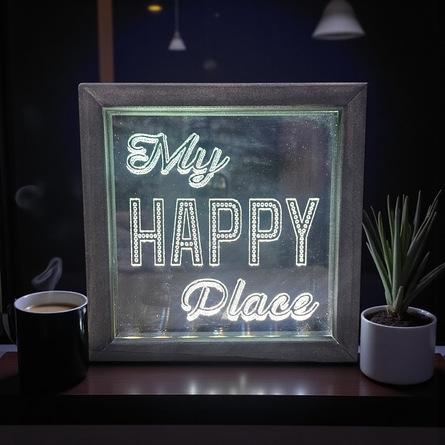 My HAPPY Place - Wood Framed Lighted LED Sign - 6-in - Mellow Monkey
