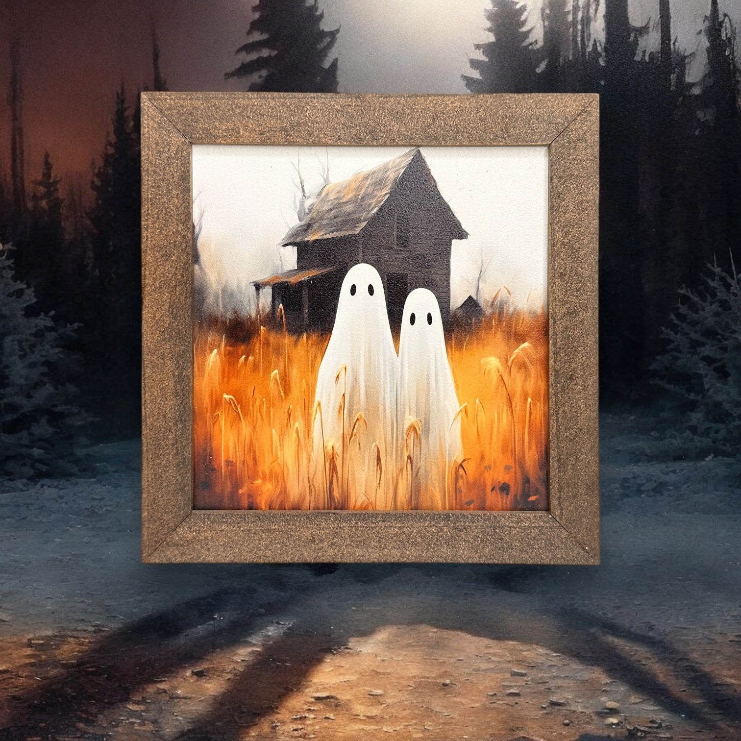 Ghost Pair In A Field With Haunted Barn - Framed Print - 7-in - Mellow Monkey