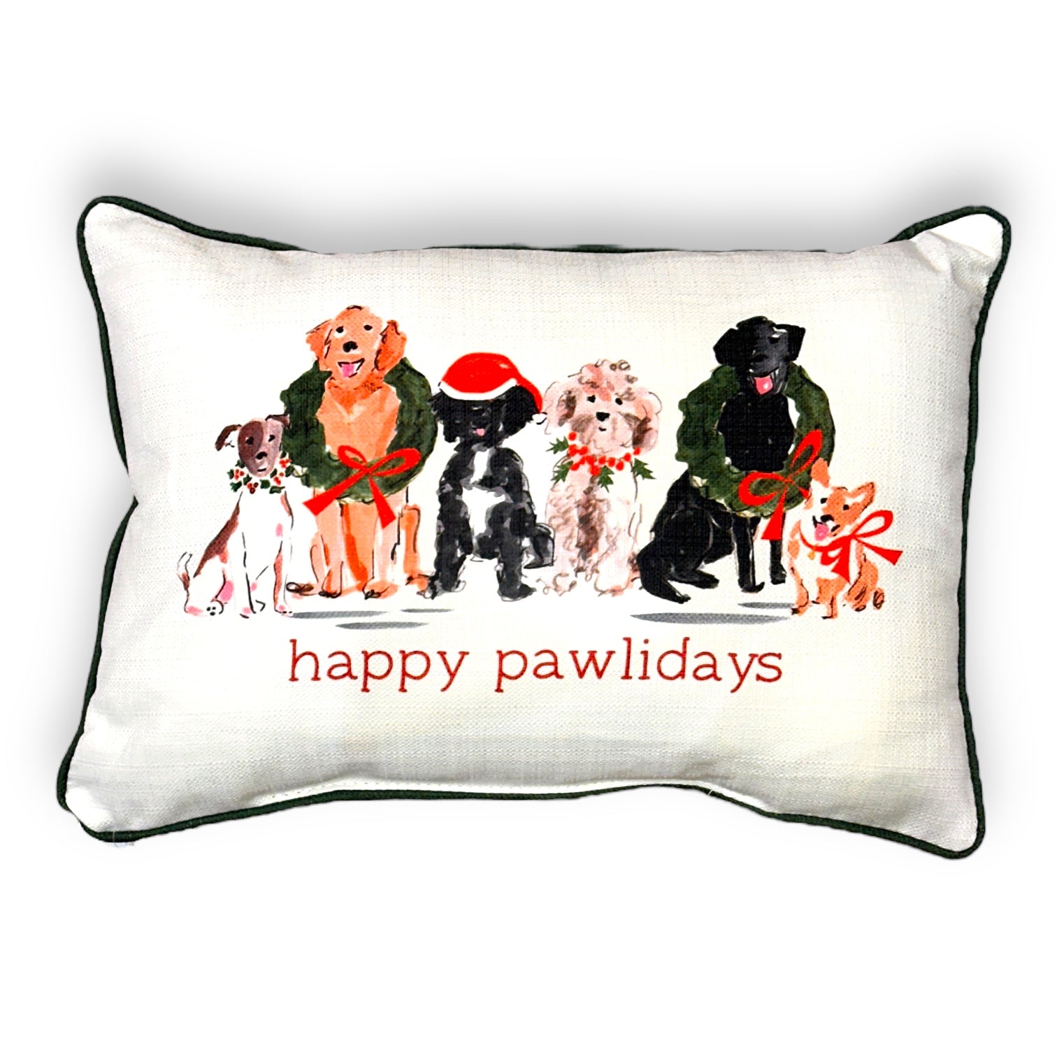 Happy Pawlidays Painted Dog Print Throw Pillow with Wreath Green Piping - 19-inch - Mellow Monkey