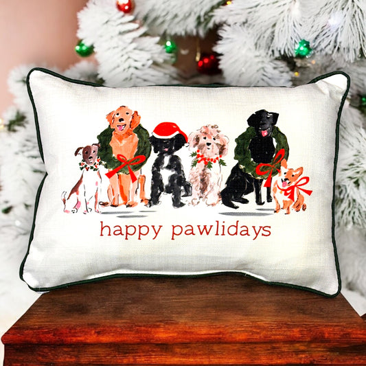 Happy Pawlidays Painted Dog Print Throw Pillow with Wreath Green Piping - 19-inch - Mellow Monkey