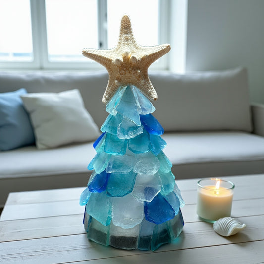 Sea Glass Christmas Tree Real Starfish with Lights - 6 In. - Ocean with Cobalt - Mellow Monkey