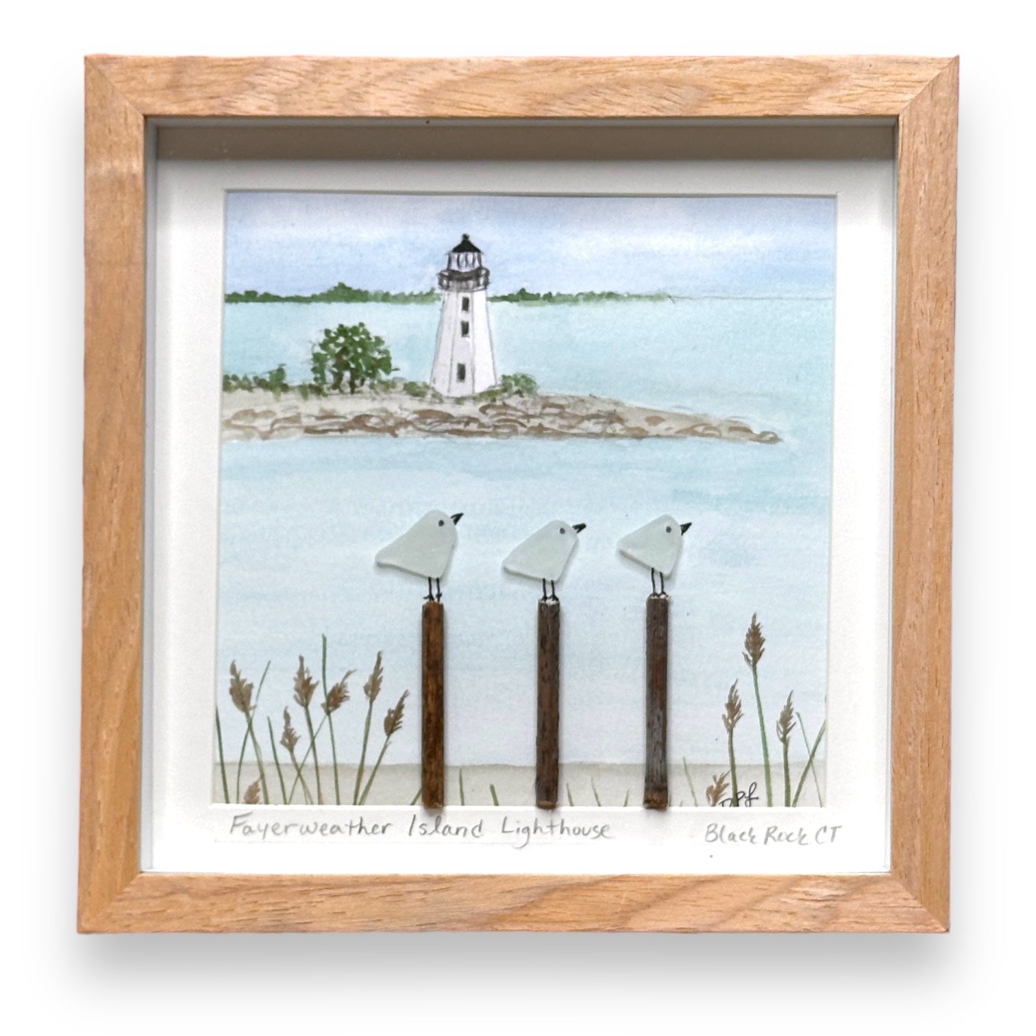 Fayerweather Island Lighthouse Black Rock Connecticut Three Sea Glass Birds on Watercolor Print - Deluxe Framed Shadowbox - 8-7/8-in - Mellow Monkey