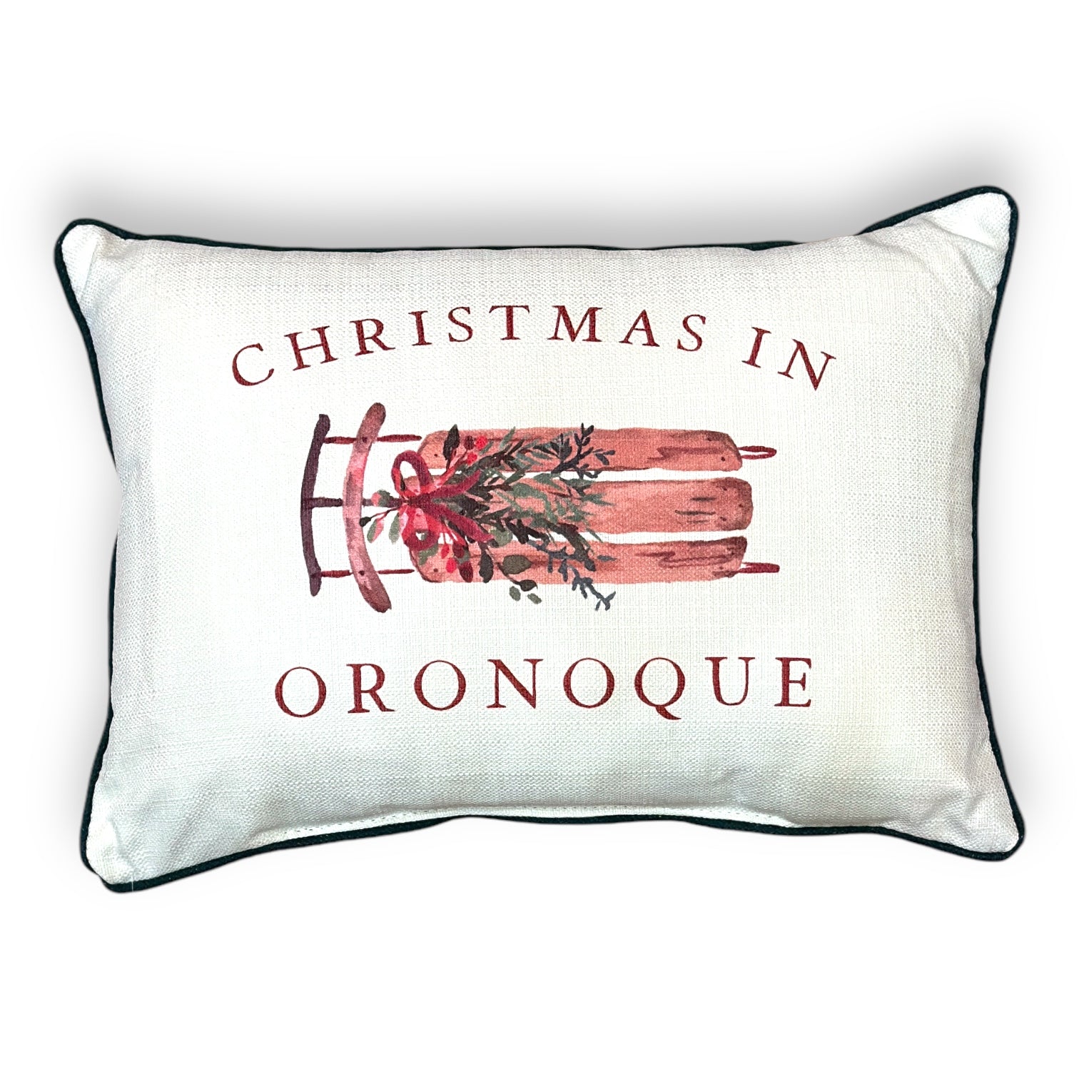 Christmas In Oronoque - Sled Print Throw Pillow with Evergreen Piping - 19-inch - Mellow Monkey