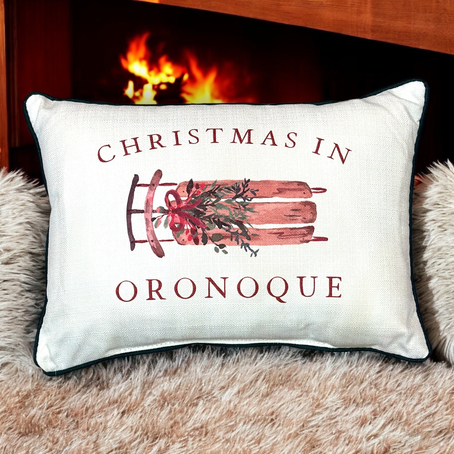 Christmas In Oronoque - Sled Print Throw Pillow with Evergreen Piping - 19-inch - Mellow Monkey