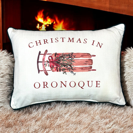 Christmas In Oronoque - Sled Print Throw Pillow with Evergreen Piping - 19-inch - Mellow Monkey