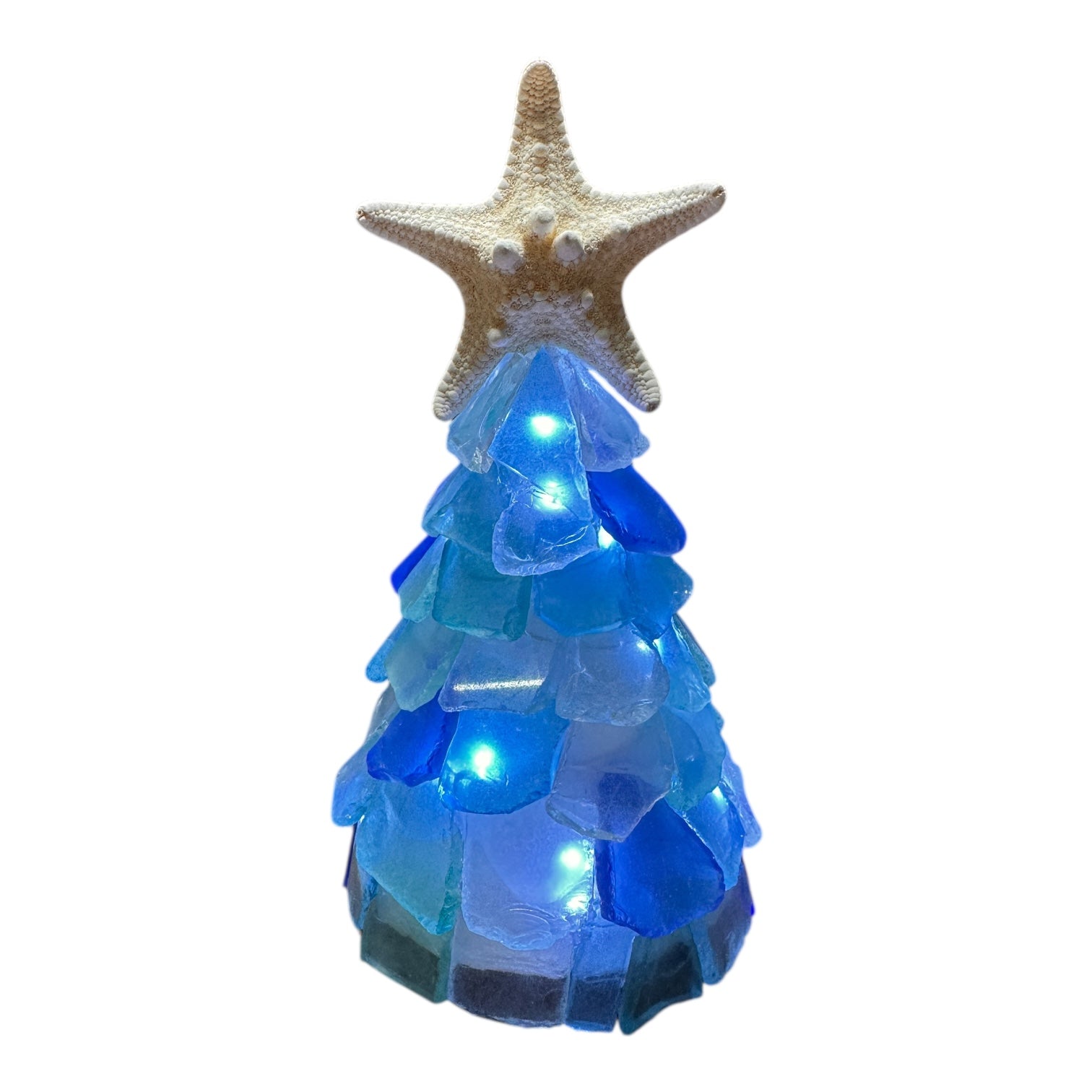 Sea Glass Christmas Tree Real Starfish with Lights - 6 In. - Ocean with Cobalt - Mellow Monkey
