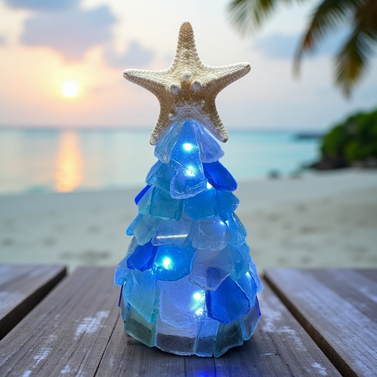 Sea Glass Christmas Tree Real Starfish with Lights - 6 In. - Ocean with Cobalt - Mellow Monkey