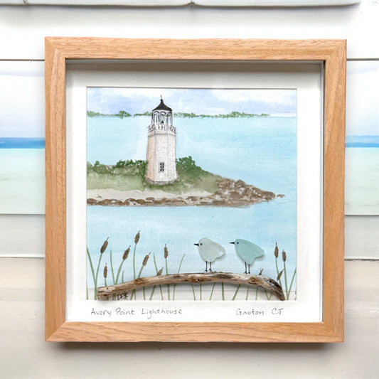 Avery Point Lighthouse Groton Connecticut Two Sea Glass Birds on Watercolor Print - Deluxe Framed Shadowbox - 8-7/8-in